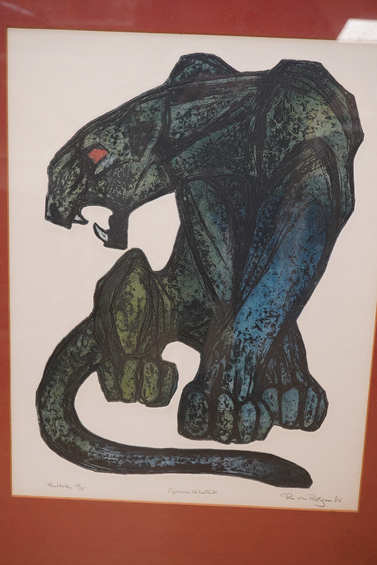 Ru van Rossum (1924-2007), woodblock print in colour, ‘Panther’, signed in pencil and dated '56, limited edition 15/35, 43 x 33cm. Condition - good